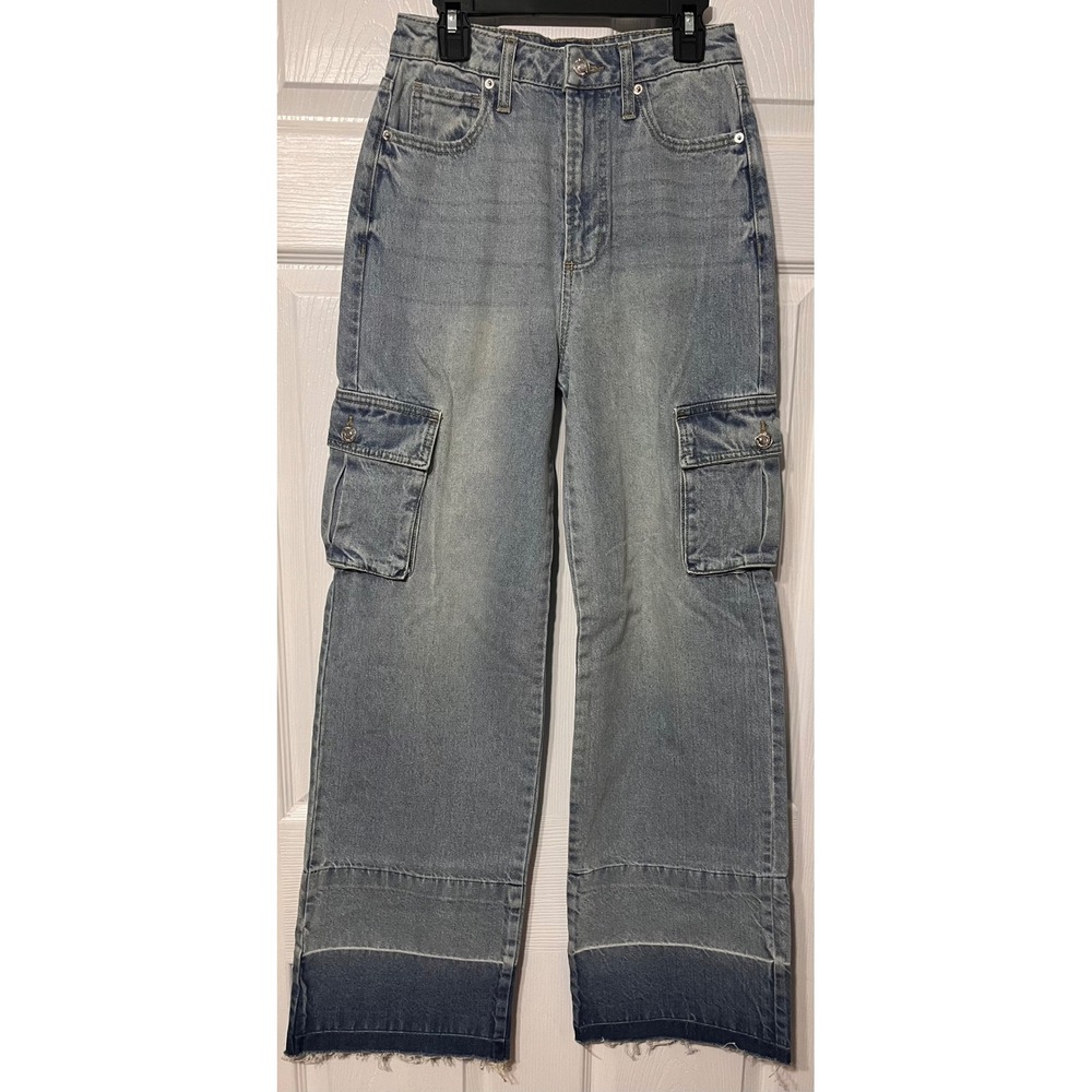 Juicy Couture Womens High Rise Cargo Wide Leg Jeans Light Wash Dip Dye Size 26